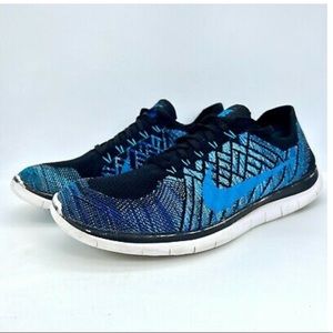 Nike Free 4.0 Flyknit Black Blue Athletic Men Running Shoes 717075-004 Size 14